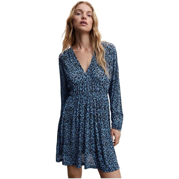 Mango Dresses & Skirts - MANGO Textured Floral Pattern Sheer Mini Dress Blue Black V-Neck Dress Size M